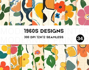 Retro Floral Digital Paper: 1970s Groovy Print Set (Digital Download)