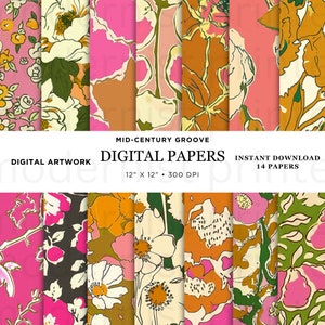 Favolosa carta digitale con motivi floreali rosa retrò, 14 disegni originali, PNG istantaneo stampabile, perfetta per progetti di artigianato e fai da te, 47