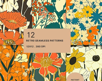 Papel digital floral retrô: designs imprimíveis em JPG de 12 polegadas (download digital)