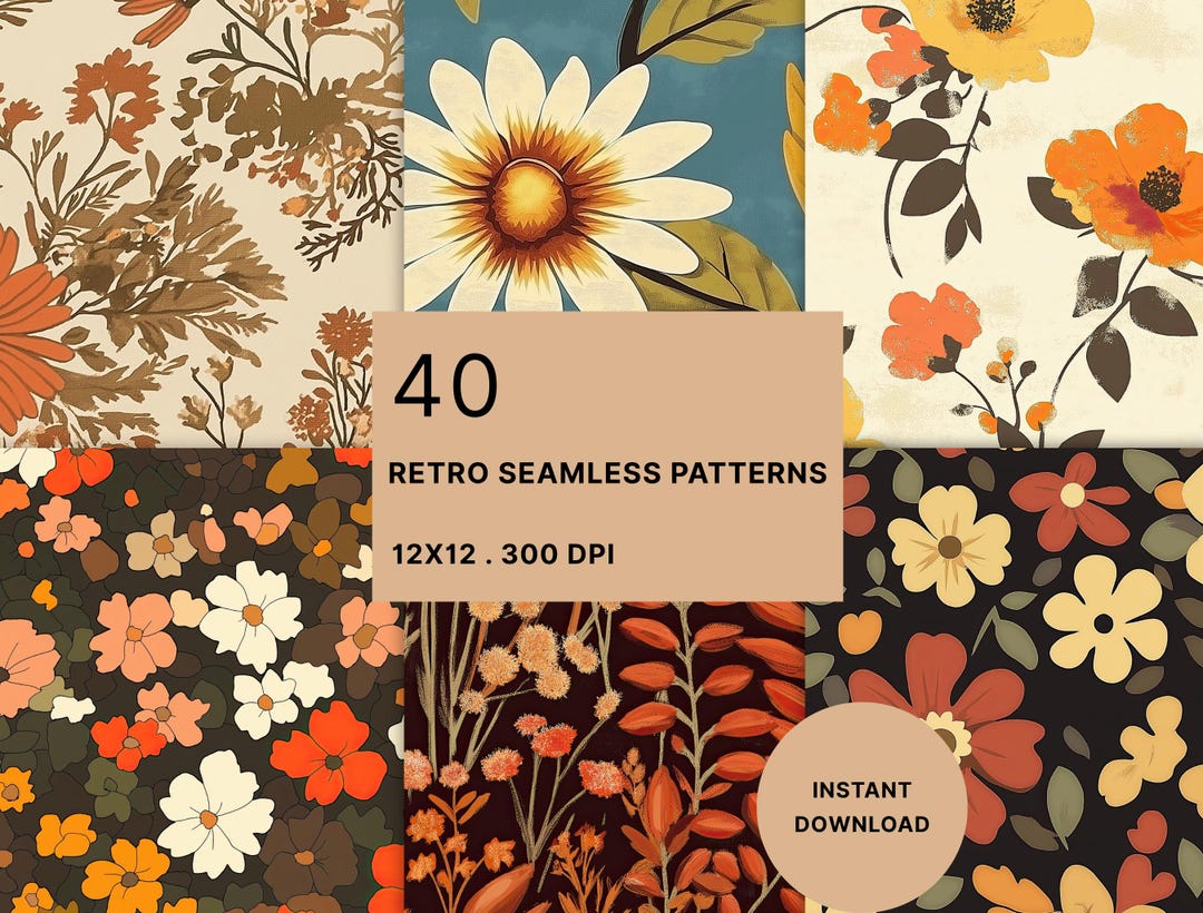 Fall Floral Digital Paper Set: 1950s Retro Patterns (commercial Use, 40 ...