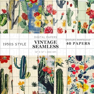 Papel sin costuras de cactus de los años 50 / Imprimible de desierto retro / Descarga digital de cactus vintage / Clipart de patrón de mediados de siglo para manualidades y tazas