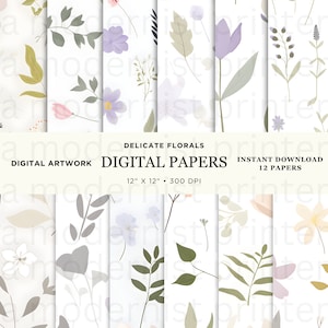 Aquarel digitaal papier met zacht bloemenpatroon, 12 originele ontwerpen, afdrukbare instant jpg-set, perfect voor knutselen en doe-het-zelfprojecten, 44
