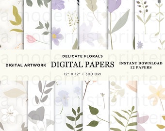 Papel de álbum de recortes con acuarela floral, papeles digitales, patrones sin costuras en rosa, melocotón y verde menta.
