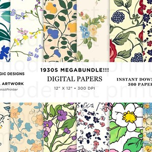 May include: A collection of digital papers with floral patterns in various colors, including blue, yellow, and red. The papers are 12" x 12" and feature designs from the 1930s. The image also includes the text "NOSTALGIC DESIGNS" and "DIGITAL PAPERS".