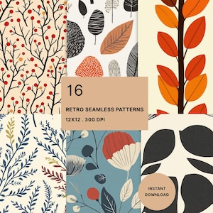May include: A collection of 16 retro seamless patterns with botanical and abstract designs. The patterns feature various color palettes, including red, orange, blue, and black, with leaf and floral motifs. The image includes the text "12x12. 300 DPI" and "Instant Download."