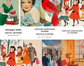 May include: A collection of vintage digital papers with a nostalgic 1950s theme. The artwork includes illustrations of women, a cardinal, and winter scenes. The papers are 8.5" x 11" and available for instant download. The text reads "Nostalgic 1950s DIGITAL ARTWORK" and "VINTAGE CHRISTMAS PAPERS DIGITAL PAPERS".