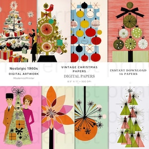 Può includere: Una collezione di carte digitali natalizie vintage con design moderni della metà del secolo. Le carte presentano alberi di Natale retrò, ornamenti e illustrazioni festive in rosso, verde e oro. Il testo recita "Nostalgic 1960s DIGITAL ARTWORK" e "VINTAGE CHRISTMAS PAPERS".