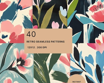 May include: A collection of 40 seamless patterns featuring painted floral designs in pink, blue, green, and cream. The image includes text that reads 40 RETRO SEAMLESS PATTERNS 12X12 . 300 DPI and a circular badge stating INSTANT DOWNLOAD.