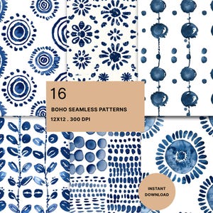Pode incluir: Uma coleção de dezasseis padrões sem costuras com motivos em aguarela azul-escuro sobre fundo branco. Os designs incluem formas circulares, motivos florais, linhas pontilhadas verticais, folhas e texturas de grelha. O texto diz 16 BOHO SEAMLESS PATTERNS 12X12 . 300 DPI e INSTANT DOWNLOAD.