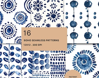 May include: A collection of sixteen seamless patterns featuring dark blue watercolor motifs on a white background. Designs include circular shapes, floral patterns, vertical dotted lines, leaf arrangements, and grid-like textures. Text reads 16 BOHO SEAMLESS PATTERNS 12X12 . 300 DPI and INSTANT DOWNLOAD.