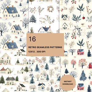 Puede incluir: Una colección de 16 patrones retro sin costuras con escenas invernales con casas, árboles y follaje. Los patrones son de estilo acuarela, con un fondo neutro. El texto "Retro Seamless Patterns" y "Instant Download" son visibles.