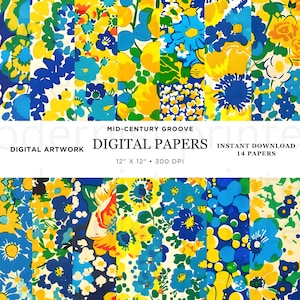 Confezione di carta retrò di metà secolo, 14 disegni originali, perfetta per progetti di artigianato e fai da te, carte per scrapbooking, download digitale, uso commerciale, 4