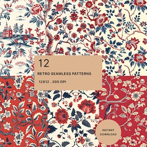 May include: A collection of 12 seamless digital patterns featuring floral and botanical motifs in red, navy blue, and cream. The designs include illustrations of flowers, branches, and a house. Text reads 12 RETRO SEAMLESS PATTERNS 12X12 . 300 DPI and INSTANT DOWNLOAD.