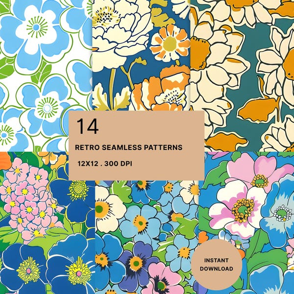 Retro Blue Floral Digital Paper: Seamless Pattern, Vintage Scrapbook Paper, 14 Designs, Instant Download