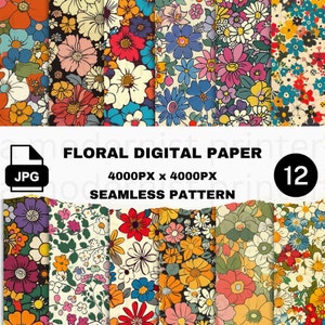 Favolosa carta digitale con motivi floreali retrò, 12 design originali, PNG istantanei stampabili, perfetti per progetti artigianali e fai da te