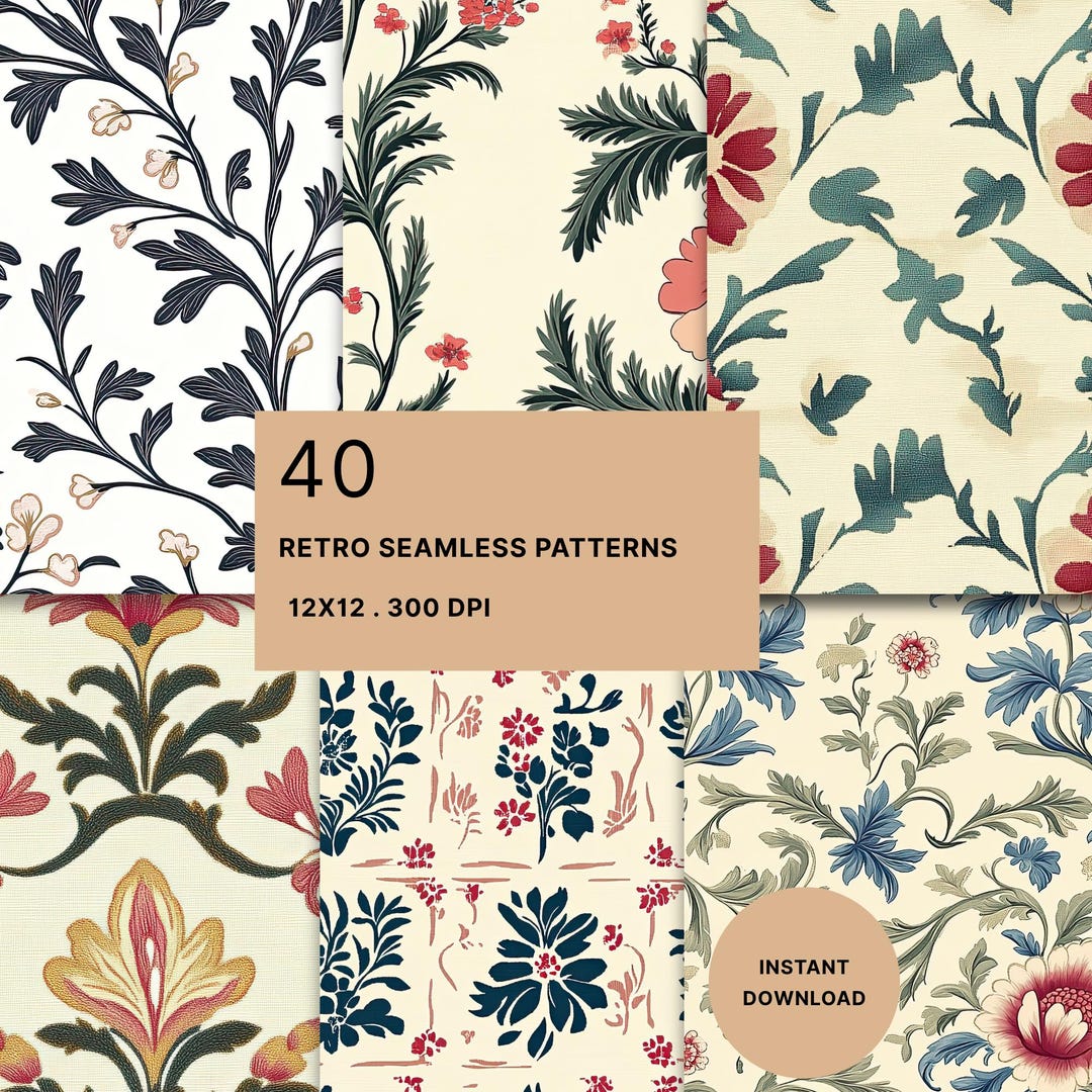 Colonial Floral Digital Paper: 40 Vintage Americana Designs (JPG