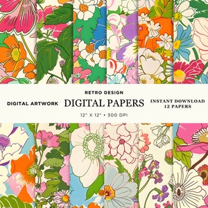 Favolosa carta digitale con motivi floreali retrò groovy, 12 disegni originali, JPG istantanei stampabili, perfetti per progetti artigianali e fai da te, 33
