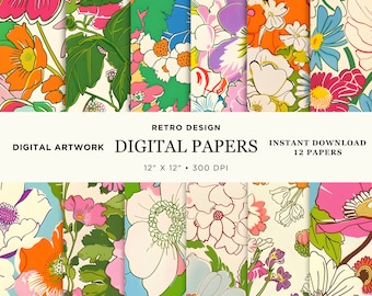 Fabulous Retro Groovy Floral Patterned Digital Paper , 12 Original Designs , Printable Instant PNG, Perfect for Crafts and DIY projects, 33