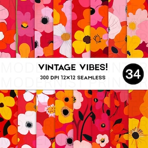 Könnte beinhalten: Ein Set mit 34 digitalen Papierdesigns mit einem Vintage-Blumenmuster mit roten, rosa, orangefarbenen und gelben Blumen auf rotem Hintergrund. Der Text "Vintage Vibes! 300 DPI 12x12 Seamless" wird auf einem weißen Banner angezeigt.