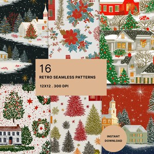 May include: A collection of 16 seamless digital patterns featuring winter scenes with houses, snow-covered pine trees, red poinsettias, and stars. The designs include various color palettes such as black, white, red, and green, labeled 12x12, 300 DPI.