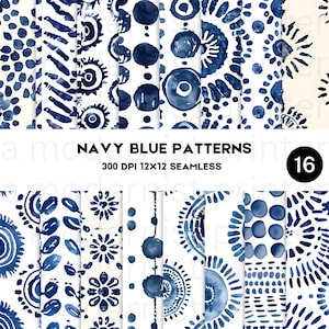 Abstrakcyjny granatowy papier cyfrowy ze wzorem - 16 wzorów, natychmiastowe pobranie JPG, idealny do projektów rzemieślniczych i DIY, Ikat, kropki, liście