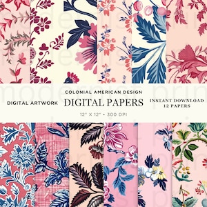 Carta digitale con motivi floreali coloniali piuttosto rosa, 12 disegni originali freschi, JPG istantaneo stampabile, perfetto per l'artigianato