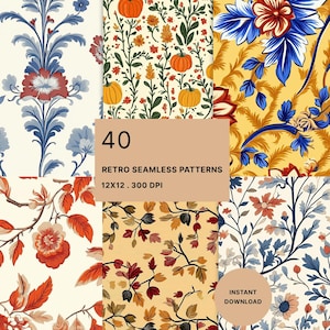 May include: A collection of 40 retro seamless patterns, each showcasing unique floral and botanical designs. The patterns feature a variety of colors, including red, blue, orange, and yellow, with intricate details. The image includes the text "40 RETRO SEAMLESS PATTERNS 12x12 . 300 DPI".