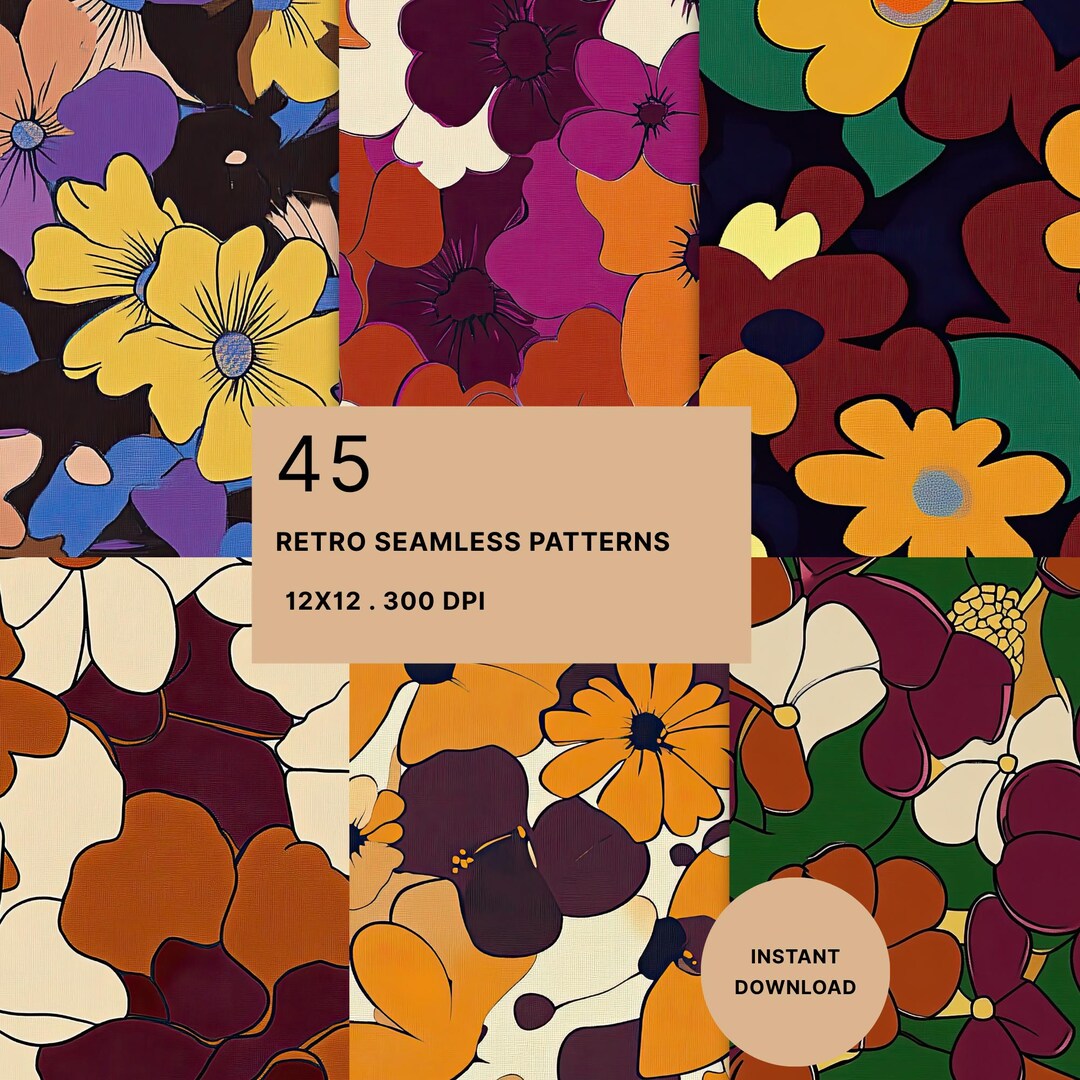 Retro 70s Floral Digital Paper: 45 Groovy Seamless Patterns (instant ...