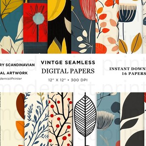 Könnte beinhalten: Eine Sammlung von 16 digitalen Papieren im skandinavischen Design der Jahrhundertmitte. Jedes Papier zeigt ein einzigartiges nahtloses Muster mit floralen und abstrakten Elementen in Rot, Gelb, Blau und Schwarz. Die Papiere sind 30,48 cm x 30,48 cm und 300 DPI.