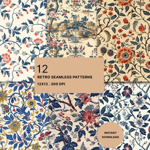 Puede incluir: Una colección de 12 patrones continuos con motivos florales y paisajes en azul, rojo y amarillo sobre fondos crema. Un cuadro de texto central dice 12 RETRO SEAMLESS PATTERNS 12X12 . 300 DPI, y una insignia circular dice INSTANT DOWNLOAD.