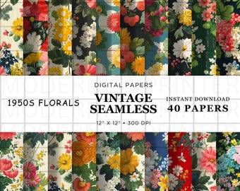 40 Retro Floral Seamless Patterns, Vintage Scrapbook 1970s Boho Digital Paper
