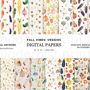 Aquarelle motif végétal sans couture, texture végétarienne sans couture, aliments d'automne, téléchargement d'impression de légumes, JPG parfait pour les travaux manuels, tissu, 4