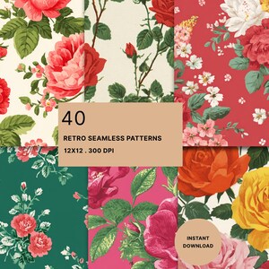 Retro ros juni födelse blomma sömlösa mönster, uppsättning av 40 vintage-stil designer