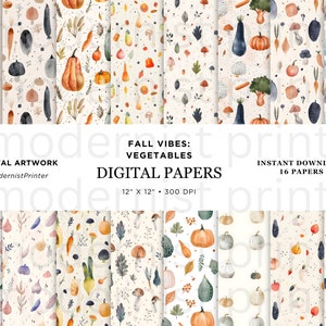 Motif aquarelle de légumes sans couture, texture végétarienne sans couture, aliments d'automne, téléchargement d'impression de légumes, JPG parfait pour les travaux manuels, tissu