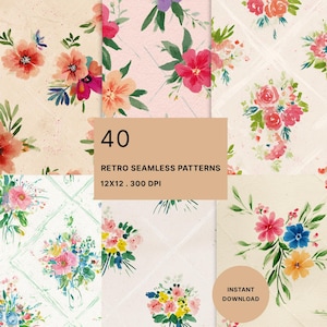 May include: A selection of watercolour floral patterns in various arrangements. The patterns feature flowers in shades of pink, red, orange, and blue, with green foliage. The image includes text that reads "40 Retro Seamless Patterns 12x12. 300 DPI" and "Instant Download".