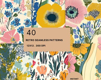 Retro Garden Florals Digital Paper Pack: 40 Seamless Spring Designs (Instant Download)