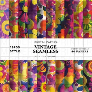 Patrones florales retro sin costuras de los años 70, papel digital estético de los 70, paquete de patrones florales vintage, fondos hippies bohemios sin costuras con estilo