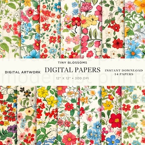 May include: A set of 14 digital papers featuring a floral pattern with tiny red, pink, yellow, blue, and white flowers on a cream background. The papers are 12 inches by 12 inches and 300 DPI. The text "Tiny Blossoms Digital Papers" is at the top of the image.