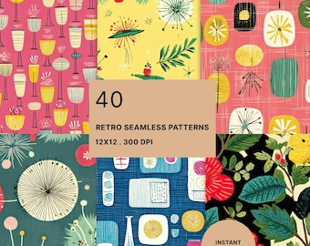 Könnte beinhalten: Eine Sammlung nahtloser Retro-Muster in verschiedenen Designs und Farben. Die Muster umfassen florale, geometrische und abstrakte Motive in Rosa-, Gelb-, Blau- und Grüntönen. Das Bild enthält den Text "40 Retro Seamless Patterns 12x12. 300 DPI" und "Instant Download".