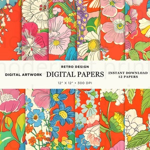Favoloso retro groovy rosso floreale carta digitale a motivi, 12 disegni originali perfetti per progetti di artigianato e fai da te sfondi biglietti regali, 34
