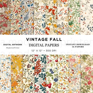 Winzige Blüten im Herbst, Feedsack, digitales Papier, 16 originale, nahtlose Designs, druckbare Sofort-JPG-Dateien, perfekt für Bastel- und DIY-Projekte