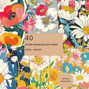 May include: A digital art image showcasing 40 retro seamless floral patterns. The patterns feature a variety of colorful flowers, including poppies, daisies, and other blooms, in shades of pink, orange, yellow, and blue. The image includes the text "40 Retro Seamless Patterns" and "12x12. 300 DPI".