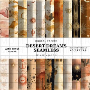Paquete de papeles digitales bohemios del desierto occidental: 40 fondos sin costuras en tonos tierra, cactus, sol, textura vintage, álbum de recortes, sublimación, extra