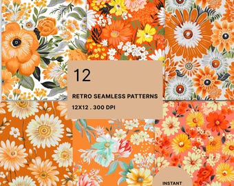 Papel digital floral naranja retro: patrón vintage sin costuras, papel para álbumes de recortes, 12x12, descarga instantánea.