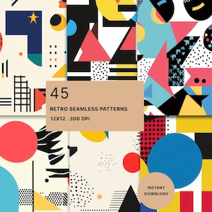 May include: A collection of 45 seamless patterns featuring geometric shapes, including circles, triangles, and lines in red, blue, yellow, black, and white. The text reads 45 RETRO SEAMLESS PATTERNS 12X12 . 300 DPI and INSTANT DOWNLOAD on a tan background.