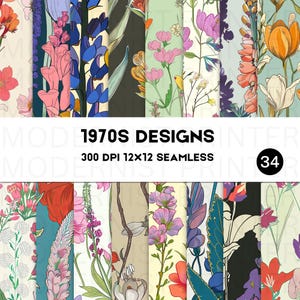 Patrones florales retro sin costuras de los años 70, papel digital estético de los 70, paquete de patrones florales vintage, fondos hippies bohemios sin costuras con estilo