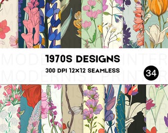 1970s Floral Seamless Patterns: Groovy Boho Digital Paper (34 Designs)