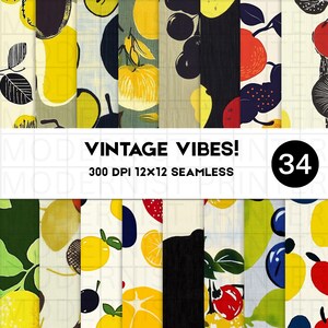 Midcentury Früchte Digitales Papier - Retro druckbares Kunstpaket - 34 JPG Designs für DIY Handwerk, Scrapbooking & Dekor