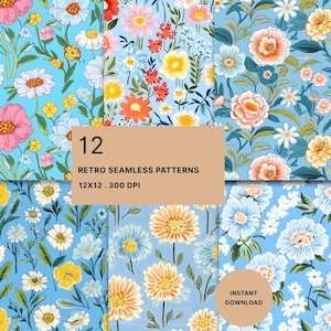 Może przedstawiać: Kolekcja 12 bezszwowych wzorów z różnymi motywami kwiatowymi na jasnoniebieskim tle. Centralny beżowy prostokąt zawiera tekst 12 RETRO SEAMLESS PATTERNS 12X12 . 300 DPI, a beżowe koło w rogu zawiera napis INSTANT DOWNLOAD.