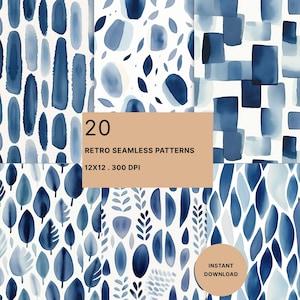 May include: A collection of 20 retro seamless patterns in shades of blue, featuring watercolor designs of abstract shapes and botanical elements. The patterns are displayed on a white background. The image includes the text "RETRO SEAMLESS PATTERNS" and "INSTANT DOWNLOAD".